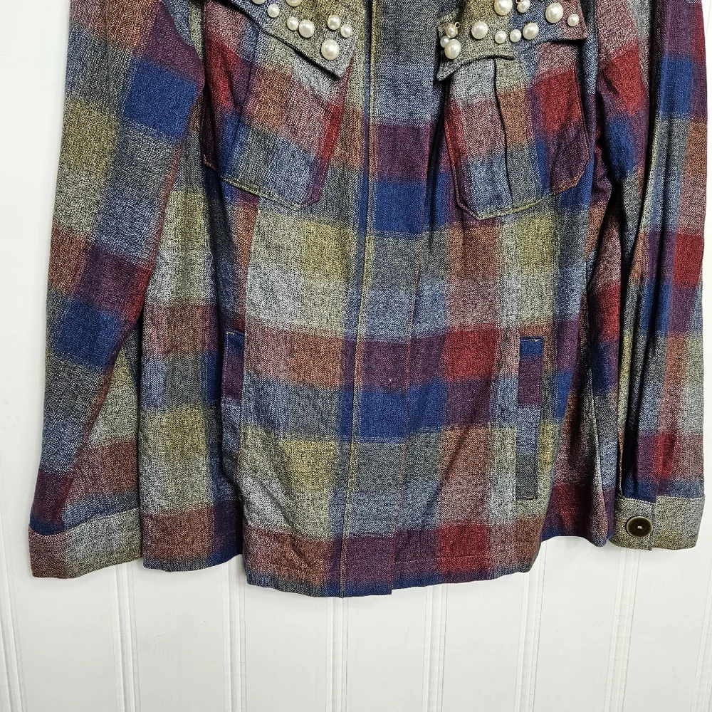 CAbi Barn Jacket Size L Autumn Plaid Pearl Zip Utility Cotton Shacket Multi